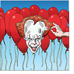 Pennywise the Clown as a balloon about to be popped in a spoof of It Chapter Two