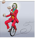 Joaquin Phoenix rides a unicycle and juggles brains in a spoof of the movie Joker