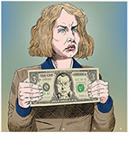 Spoof of the film Human Capital with Maya Hawke holding a three-dollar bill with a picture of her father played by Liev Schreiber on it.