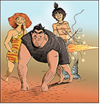 Spoof of the film The Croods: A New Age with the character Grug on all fours smiling as Guy rubs two sticks together to create a spark that ignites the caveman’s farts as daughter Eep looks on and laughs.