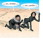Spoof of the film Dune with the stars Zendaya and Timothée Chalamet crawling across the desert planet landscape begging for '…re…write…re…write."