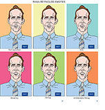 Spoof of the film Free Guy with a series of Ryan Reynolds emotes –– variations on smugness illustrated by the same expression.