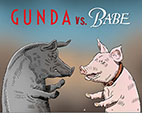 Spoof of the film Gunda with the title sow facing off with the movie pig Babe like Godzilla vs. Kong under the the title Gunda vs. Babe.