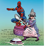 Spoof of the film Spider-man: No Way Home with the hero traveling through the Multiverse to confront his old foe Little Miss Muffet wielding a giant spoon like a weapon.