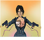 Spoof of the film The Hitman's Wife's Bodyguard with star Salma Hayek firing pistols as she looks down at the two boobs popping out of her shirt –– Ryan Reynolds and Samuel L. Jackson.