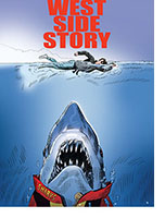 Spoof of the film West Side Story represented by the iconic poster of director Steven Spielberg's other film Jaws with a Jets gang member swimming over a literalSharks member rising to attack from below.