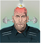 Spoof of the film Wrath of Man with a closeup of angry star Jason Statham with steam shooting out of his ears and an egg frying on his hot head.