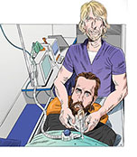 Spoof of the film Ambulance with the star Jake Gyllenhaal on a gurney about to be given oxygen by director Maichael Bay as an EMT.