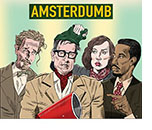 Spoof of the comedic mystery film Amsterdam with characters Burt (Christian Bale), Valerie (Margot Robbie) and Harold (John David Washington) unmasking director David O. Russell as the villain of the piece. beneath the title Amsterdumb.