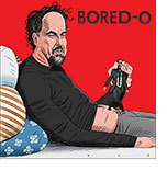 Spoof of the film Bardo with director Alejandro González Iñárritu lying back on some pillows as he gazes at his navel and pulls his star Daniel Giménez Cacho out of it. The title Bored-o appears above him.