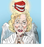 Betty White as an angel with a wind-up chattering teeth toy as a halo over her head.