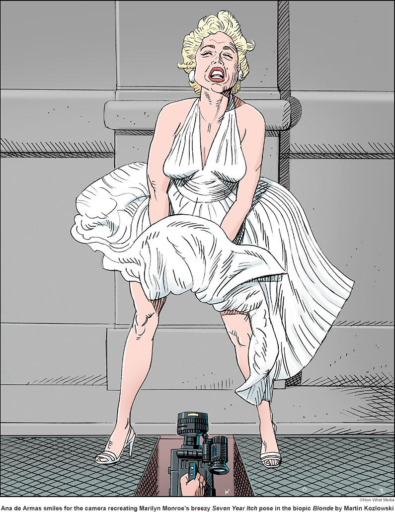 Spoof of the film Blonde with Ana de Armas as Marilyn Monroe in her famous The Seven Year Itch pose over a sidewalk grate with her white dress being blown upwards while a hand with a camera shoots her from below the grate.