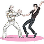  Spoof of the movie Elvis with director Baz Luhrmann dressed as Vegas Elvis holding his hands up 'framing' his dancing star Austin Butler between his fingers.
