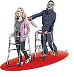Spoof of the film Halloween Ends with an unsteady Michael Myers using a beat-up walker swings a cleaver as he slowly pursues Laurie Stroud (Jamie Lee Curtis) who is also shuffing along using a walker.