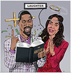 Spoof of the film Honk For Jesus. Save Your Soul. with main characters Lee-Curtis Childs (Sterling K. Brown) and his wife Trinitie (Regina Hall) cutting up  with a fake cross through the head, readings from The Hokey Bible, a roatating halo headpiece and a Laughter sign for the audience.