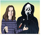 Spoof if the film Scream with the Ghostface holding a bloodied knife slackly in one hand as he holds the other over his elongated yawning mouth while Sidney Prescott (Neve Campbell) shrugs.