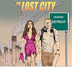 Spoof of the film The Lost City with Sandra Bullock and Channing Tatum in dirty and tattered clothes, looking dazed, walking away from a smoldering cityscape past a sign that reads Leaving Detroit.