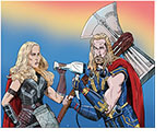 Spoof of the film Thor: Love and Thunder with The Mighty Thor (Natalie Portman) holding Mjölnir and Thor (Chris Hemsworth) holding Stormbreaker both grabbing for an electric hair dryer.
