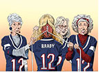 Spoof of the film 80 for Brady with stars Rita Moreno and Lily Tomlin in their New England Patriots gear pulling tight the laces on a football which forms the back of the head of Jane Fonda  who is sweeping back her blonde hair to either side. Sally Field looks on uncomfortably from the background.