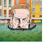 Spoof of the film A Haunting in Venice with a caricature of a huge head of Kenneth Branagh as Hercule Poirot submerged past his chin in a canal in front of Venetian buildings. In front of his face is a gondola with a dead woman's body slumped over in the middle right beneah his nose and a gondolier in a red-striped shirt . The boat forms the shape of Poirot's overly-elaborate mustache.
