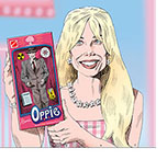Spoof of the films Barbie and Oppenheimer with a smiling Margot Robbie as Barbie holding a doll box for Atomic Oppie that has a Ken-like version of Cillian Murphy as Oppenheimer holding a pipe surrounded by a trefoil radiation symbol, court testimony and a geiger counter.