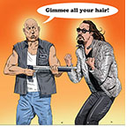Spoof of the film Fast X with Dominic Toretto (Vin Diesel) pointing a gun at Dante (Jason Momoa) and demanding, "Gimme all your hair!'