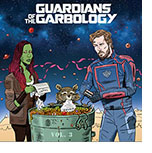 Spoof of the film Guardians of the Galaxy Vol. 3 retitled Guardians of the Garbology with three of the characters surrounding a garbage can filled with trash. Gamora is reading a tattered Death Certificate, Rocket is eating a spattered and torn script and Starlord is holding an unspooled and damaged mix tape.