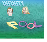 Spoof of the film Infinity Pool with stars Alexander  Skarsgård and Mia Goth up to their chins in a pool with the word INFINTY behind them and POOL spelled out in front of them in a P-shaped pee puddle in the water and OOL formed by colorful twisted noodles.