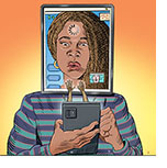 Spoof of the movie Missing depicting star Storm Reid with her face an image on an iPad screen with a loading symbol spinning on her forehead as she works an iPhone in her hands which has two arms extending from it representing the mother she's searching for.
