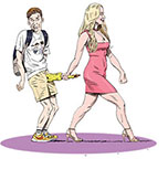 Spoof of the movie No Hard Feelings with sexy Maddie Barker (Jennifer Lawrence) in a pink mini-dress strutting and smiling as she reaches back to grab a rubber chicken protruding from the fly of a nerdy Percy Becker (Andrew Barth Feldman) in shorts and sneakers, carrying a backpack and laughing embarrassedly. 