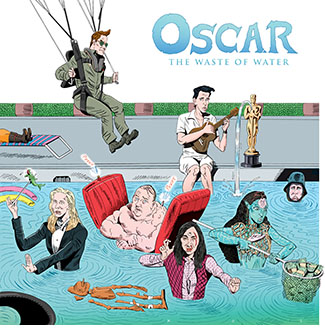 Spoof of the 2023 Academy Awards with nominees in and around a giant pool below the title Oscar: The Waste of Water. Puss in Boots lies on a chaise longue, Tom Cruise from Top Gun: Maverick parachutes in from above; Austin Butler in Elvis plays a ukelele as he dangles his legs in the water next to a fountain shaped like an Oscar; Cate Blanchett as Tar conducts with a fish stuck on her baton; Brendan Fraser from The Whale leans on a flotation device which has sprung a leak even as his body suit is leaking air; Guillermo del Toro's Pinocchio floats on his back in the water; Michelle Yeoh from Everything Everywhere All at Once strikes a martial arts pose; Ronal from Avatar: The Way of Water cleans the pool and scoops up a net full of dollar bills; and Felix Kammerer from All Quiet on the Western Front  pops his helmeted head out of the water. 