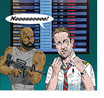 Spoof of the thriller Plane with Capt. Brodie Torrance (Gerard Butler) with his fists clenched crying Nooo! and convict Louis Gaspare (Mike Colter) holding and assault rifle stand in front of an airpline departure board where all the Southwest flights are canceled.