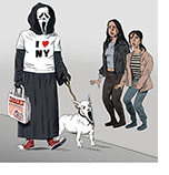 Spoof of the film Scream VI with stars Jenna Ortega and Melissa Barrera staring at the villain Ghostface taking a stroll in New York City wearing an I Love NY t-shirt, carrying a Zabar's bag and walking a bull terrier wearing his style of skull mask on a leash.