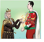 Spoof of the film Shazam! Fury of the Gods with aged villainess Hespera (Helen Mirren) casting a grandmotherly spell on hero Shazam (Zacahary Levi) by entrapping him in a gaudy, scratchy Christmas jumper.