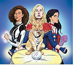 Spoof of the film The Marvels with caricatures of the characters  Monica Rambeau (Teyona Parris), Captain Marvel (Brie Larson) and Ms. Marvel (Iman Vellani) poised for battle behind Goose the cat who has just coughed up a hairball-like wad which is the script for The Marvels.  