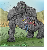 Spoof of the film Transformers: Rise of the Beasts with mechanical ape Optimus Primal holding Elena (Dominique Fishback) in his hand as she holds up a girl's pink bike with a yellow banana seat up to him as a peace offering and snack. 