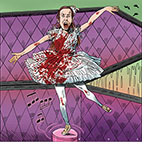 Spoof of the film Abigail where the title character (Alisha Weir), a kidnaped ballerina vampire, turns in a coffin music box in her blood-spattered tutu with fangs bared.
