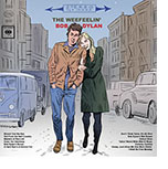 A cartoon spoof of the Bob Dylan biopic A Complete Unknown showing the staged album cover of The Freewheelin' Bob Dylan from the movie with Timothée Chalamet as Dylan and Elle Fanning as Sylvie Russo. The title has been changed to The Weefeelin' Bob Dylan and the song title listing altered with jokey names.