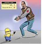 Cartoon spoof of the movies Beverly Hills Cop: Axel F and Despicable Me 4 with Policeman Axel Foley (Eddie Murphy) pulling his pistol on a Minion who is making a gun gesture with his three-fingered hand. Above the two figures is a Report Card that reads Beverly Hills Cop: Axel next to the letter grade  F and Despicable Me 4 next to grade D-.