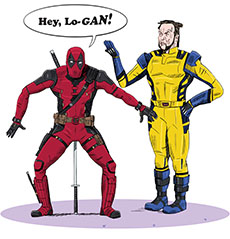 Spoof of the film Deadpool and Wolverine with Deadpool (Ryan Reynolds) squatting painfully atop one of his kitana swords as he calls out 'Hey, Lo-GAN!' like he's Lou Costello, to Wolverine (Hugh Jackman) who looks at him disgustedly like Bud Abbott.
