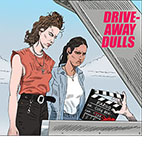 Cartoon spoof of the film Drive-Away Dolls directed by Ethan Coen with characters Jamie (Margaret Qualley) and Marian (Geraldine Viswanathan) looking into a trunk of a car to see the hand of a presumed dead Joel Coen holding a clapboard for Fargo which he'd co-directed with Ethan.