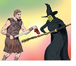 Cartoon spoof of the films Gladiator II and Wicked opening head-to-head showing Lucius (Paul Mescal) brandishing his sword as he holds out the ruby slippers from the Wizard of Oz while dueling  with Elphaba (Cynthia Erivo)  of Wicked: Part I who pokes the handle of her broom at him.