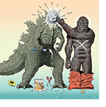 Spoof of the film Godzilla x King Kong: The New Empire with the stars acting like silent screen comedians as King Kong smashes a custard cream pie into Godzilla's face after the kaiju pulled down the ape's orange trousers and painted a white X on his chest.