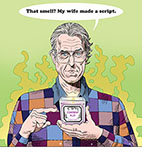 Cartoon spoof of the horror film Heretic with main psychopath Mr. Reed (Hugh Grant) pointing at a scented candle he's holding with the label COHERENT PLOT on it as he stands in front of yellowish noxious fumes and says, "That smell? My wife made a script."