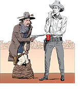 Cartoon spoof of the film Horizon: An American Saga-Chapter 1 with star/screenwriter/director/Western-icon-wannabe Kevin Costner wearing a cowboy hat with an arrow through it and reaching down to grab his falling gun belt and pants around his knees as he pulls a six-shooter that has a 'Bang!' flag sticking out of it. He's facing off with a genuinely cool black-and-white Gary Cooper representing a true Western icon.