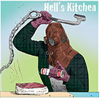 Spoof of the film In a Violent Nature with the lead slasher Johnny raising a metal meat pounder over his head to smash it down on a steak as he sprinkles Adolph's Tenderizer on it with his other hand beneath the title Hell's Kitchen.