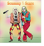 Cartoon spoof of the film Joker: Folie à Deux  with characters Lee Quinzel (Lady Gaga) and Arthur Fleck (Joaquin Phoenix) dressed like Sonny & Cher in the psychedelic 60s as they sing awkwardly under the title Scummy & Scare.