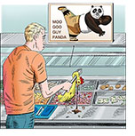 Cartoon spoof of the animated sequel Kung Fu Panda 4 with a young fan getting lunch at an Asian-style hot food bar scooping a rubber chicken out of a disgusting-looking pan of slop. Above the sneeze guard is a sign that reads Moo Goo Guy Panda with the cartoon character Po (voiced by Jack Black) posing comedically on one foot.