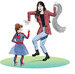 Cartoon spoof of the superhero film Madame Web with lead character Cassandra Web (Dakota Johnson) gesticulating and swinging a web in order to entertain a very young fan wearing a Spider-Girl costume and looking up at her as she flips her the bird.