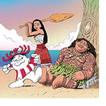 Cartoon spoof of the film Moana 2 showing Punchy, the Hawaiian Punch mascot, winding up to throw another punch at the character Maui who's knocked out leaning against a tree as Moana raises an oar, prepared to swing it at the aggressor's head.